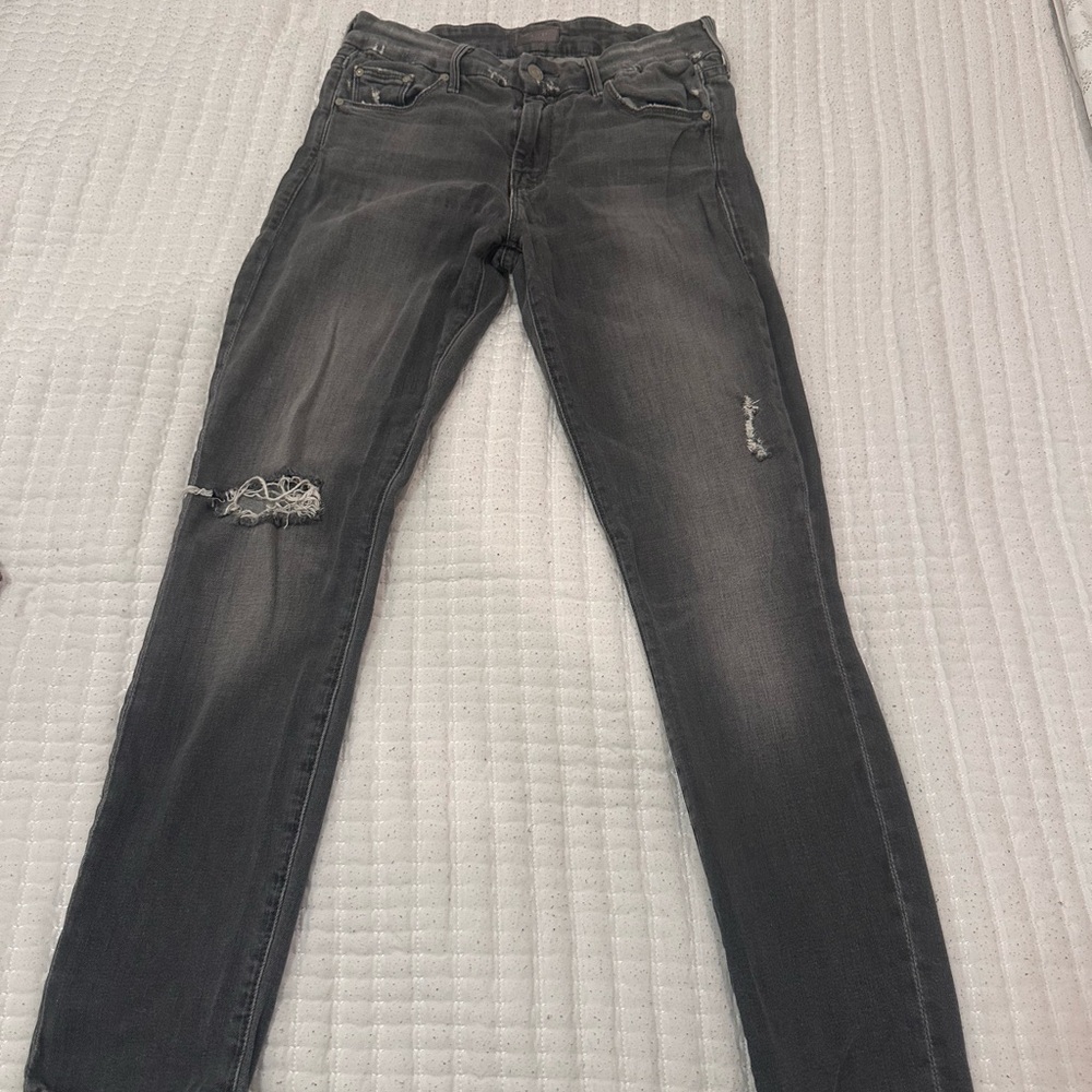 MOTHER Charcoal Distressed Skinny Jeans